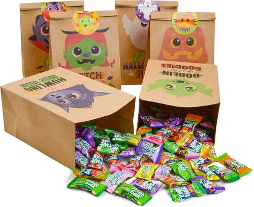 Vista 8 de JOYIN 24 bolsas de papel kraft de Halloween con diseños de personajes, bolsa de dulces de Halloween con bolsa de papel kraft y calcomanías, bolsas