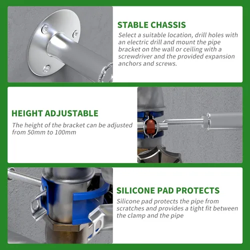 Vista 5 de TAISHER 3 soportes de tubo ajustables de acero inoxidable 304 para montaje en pared, abrazadera de soporte de correa de tubo ajustable, adecuado
