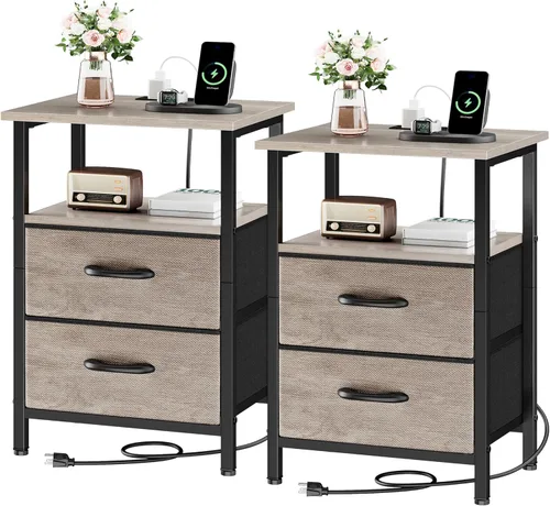 Vista 18 de Vagusicc Nightstand with Charging Station, End Table Bedside Table with 2 Fabric Drawers, Black Night Stand with USB Ports & Outlets, 24.2" Tall Bed