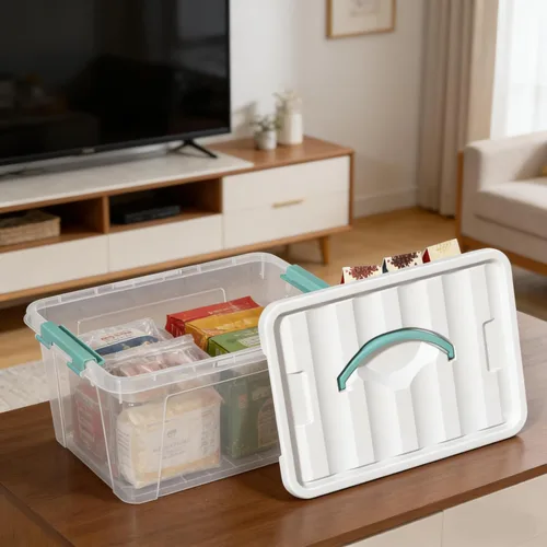 Vista 5 de Contenedores de almacenamiento de plástico apilables de 14 cuartos de galón con tapas blancas, caja organizadora de almacenamiento con cierre