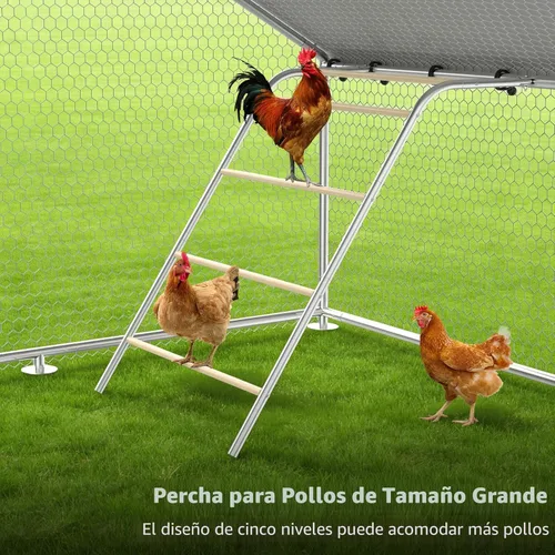 Vista 6 de Gallinero de metal con paso, 10 x 5 x 6.4 pies, jaula para aves de corral al aire libre, perca mejorada, cubierta impermeable y antiultravioleta