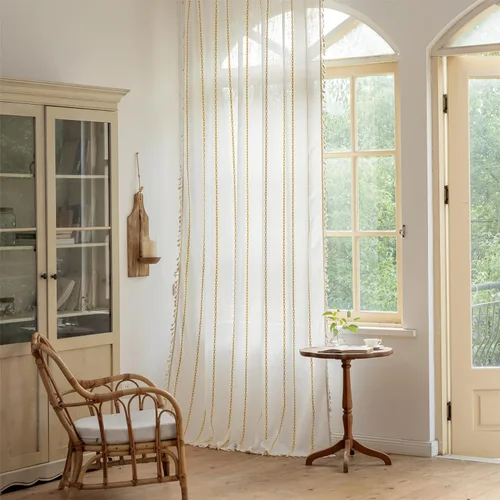 Vista 26 de Sutuo Home Cortinas de puerta francesa para puerta de patio, cortinas de lino semiopacas bohemias con borlas, tiras de granja a cuadros, decoración