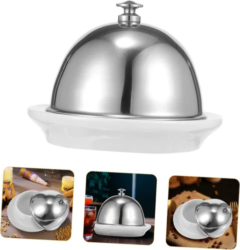 Vista 7 de Yardwe Mantequillera de cerámica para carne de acero inoxidable, soporte para cupcakes con tapa, plato de porcelana para servir aperitivos