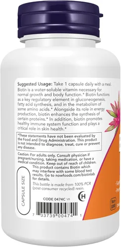 Vista 4 de NOW Foods Suplementos, Biotina 5,000 mcg, Metabolismo de Aminoácidos*, Producción de Energía*, 60 Cápsulas Vegetales