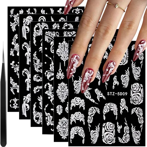 Vista 7 de Calcomanías de uñas con flores 5D para arte de uñas, 3 hojas de calcomanías de uñas en relieve, calcomanías autoadhesivas, calcomanías de arte