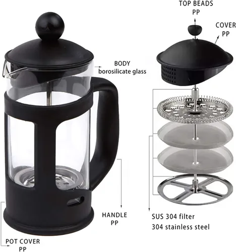 Vista 2 de Cafetera de prensa francesa con filtro reutilizable de acero inoxidable, vidrio de borosilicato alto, 12 onzas, color negro