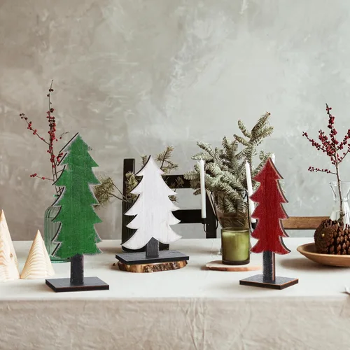 Vista 5 de Meooeck 3 piezas de árboles de Navidad de madera verde, blanca y roja, decoración rústica de Navidad, centros de mesa para mesas con base