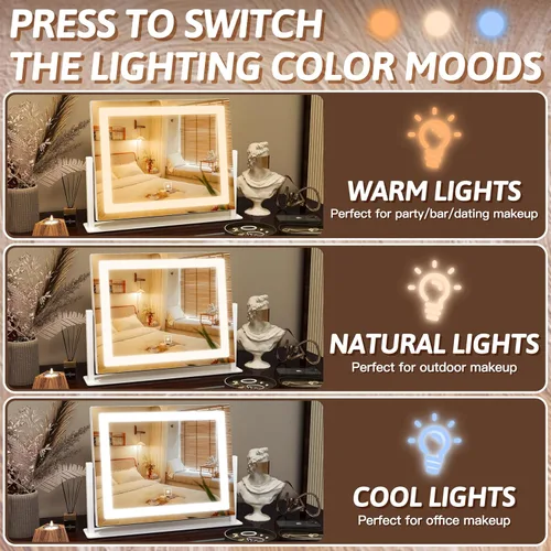 Vista 2 de FENNIO Espejo de tocador con luces, espejo de maquillaje iluminado de 12 x 16 pulgadas con control táctil inteligente, 3 modos de color y brillo