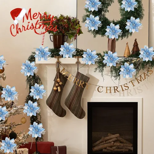 Vista 3 de LumBelle 24 piezas de flores artificiales de Navidad con purpurina de 5.9" con clips para árbol de Navidad, corona de Navidad DIY, adornos para Azul