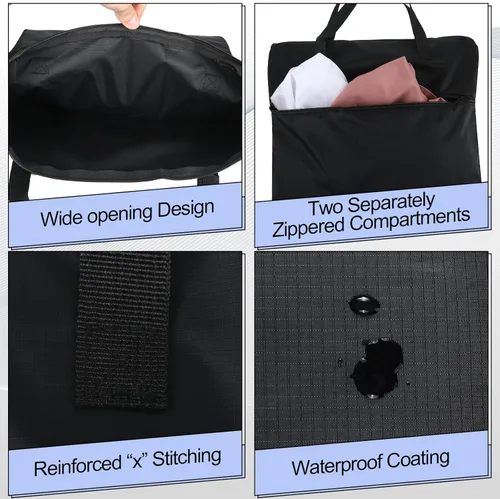 Vista 2 de 2 bolsas de lavandería de viaje impermeables con asa, bolsa de ropa sucia para viajes, cesta de lavandería colgante con dos bolsillos