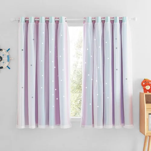 Vista 30 de NICETOWN Cortinas opacas con recortes de estrellas para dormitorio, 2 paneles, diseño mixto de 2 capas de tela y tul, cortina de ventana para niños