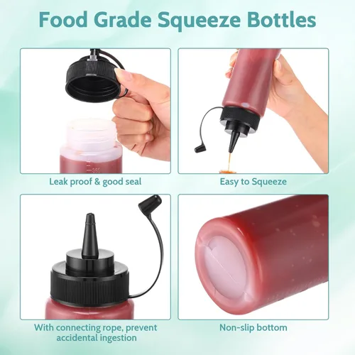 Vista 3 de Dandat 12 botellas de condimentos para salsas, botellas de plástico de 12 onzas con tapas, botella reutilizable para chorros con escala digital