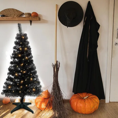 Vista 7 de Juegoal - Árbol de Navidad artificial iluminado de Halloween, 4 pies, oropel negro preiluminado, árboles de pino de Navidad con 70 luces LED