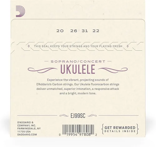 Vista 3 de D'Addario Cuerdas de ukelele soprano/concierto, fluorocarbono, EJ99SC, juego de 4 cuerdas, paquete de 1