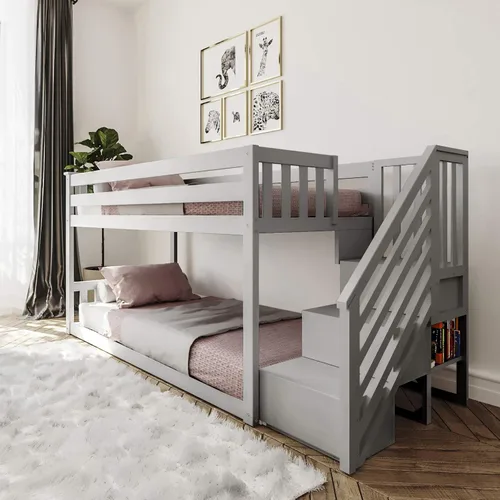 Vista 17 de Max & Lily - Litera baja, base de cama individual sobre individual para niños con escalera al final, color gris