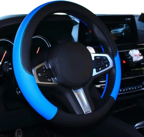 Vista 7 de SHIAWASENA Funda para volante de coche, cuero, ajuste universal de 15 pulgadas, antideslizante y sin olor (negro)