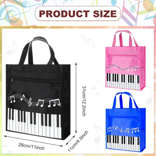 Vista 3 de 3 piezas de llavero de piano reutilizable, bolsa de compras de hombro para regalos de profesores de música, Azul,Negro