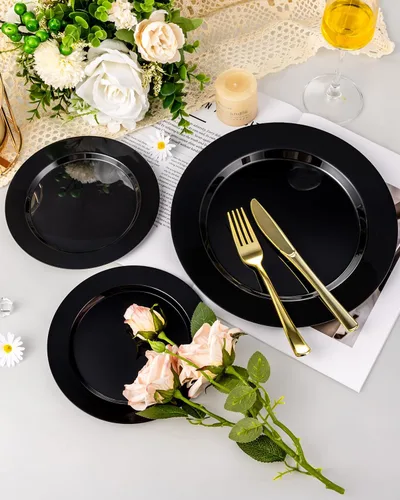 Vista 5 de BESTVIP 100 piezas de platos desechables de plástico negro, platos desechables para fiestas con 50 platos de cena y 50 platos de postre, platos