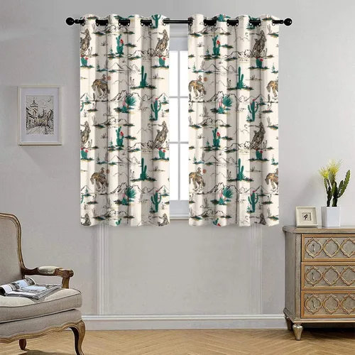 Vista 4 de Cortinas opacas retro de vaquero occidental para dormitorio, estilo rústico, cactus, salvaje oeste, vaquero, paseo, caballo, con ojales, aislamiento
