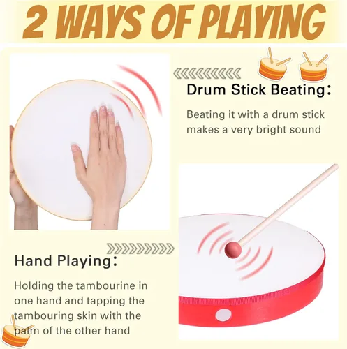 Vista 2 de Boao 8 unidades de tambores de mano de percusión con marco de madera con palo de 12, 10, 8, 6 pulgadas, instrumentos musicales para percusión