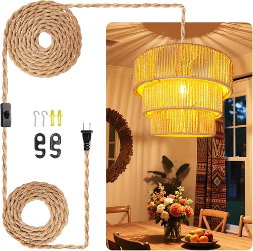 Vista 11 de Lámpara colgante de ratán - iluminación colgante de 16.4 pies con cable enchufable, enchufe a toma de pared, interruptor de encendido y apagado