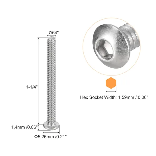 Vista 2 de Uxcell #4-40x1-1/4 Tornillos de cabeza de botón con casquillo, 20 unidades, sujetadores de acero inoxidable 304, pernos hexagonales, tornillos