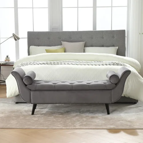 Vista 4 de Banco de almacenamiento para dormitorio, banco de pie de cama, tamaño Queen King, otomano tapizado de terciopelo largo y moderno con brazos