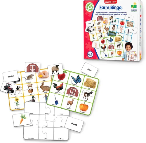 The Learning Journey: Match It! Bingo - Farm - Juego de lectura para preescolar y jardín de infantes 36 tarjetas de palabras con imágenes