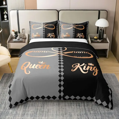 Erosebridal King and Queen Custom 100% Cotton Comforter Cover Twin Romantic Valentine's Day Duvet Cover for Lovers Modern Black and Grey His Hers