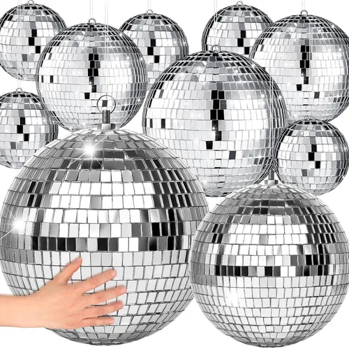 Vista 10 de 17 Piezas de Decoración de Bola de Discoteca: Bolas de Discoteca Colgantes de Espejo de Tamaño Variado Mini y Grande - Adornos de Navidad Plateados
