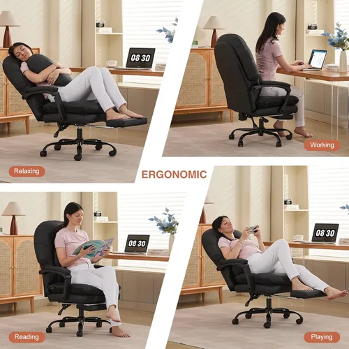 Vista 4 de Silla de oficina ergonómica para grandes y altos con soporte lumbar, silla ejecutiva de cuero sintético negro con recordatorio de vibración