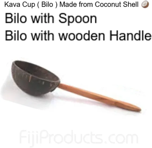 Vista 3 de Auténtica taza de Kava - 100% natural Fiji Kava Coconut Shell, 2 KAVA Drinking Cup (Bilo) 1 bilo con mango de madera