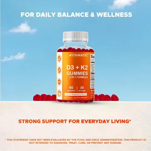 Vista 7 de Vitamatic Gomitas de vitamina D3 + K2 – 60 unidades Apoya la salud ósea, cardíaca e inmune – Promueve la absorción de calcio – A base de plantas