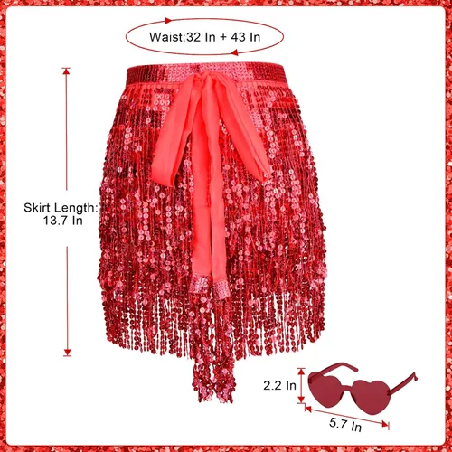 Vista 2 de Falda de lentejuelas Bufanda de cadera para danza del vientre, falda con borlas de lentejuelas, falda con flecos, gafas de sol de corazón