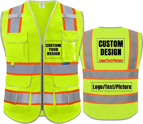 Vista 51 de BeautyWill Chaleco de seguridad con logotipo personalizado, certificado ANSI, 8 bolsillos, Clase 2, chaleco reflectante de alta visibilidad