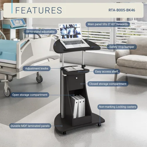 Vista 4 de Techni Mobili - Carrito móvil médico para ordenador portátil, ajustable en altura, color negro, B005