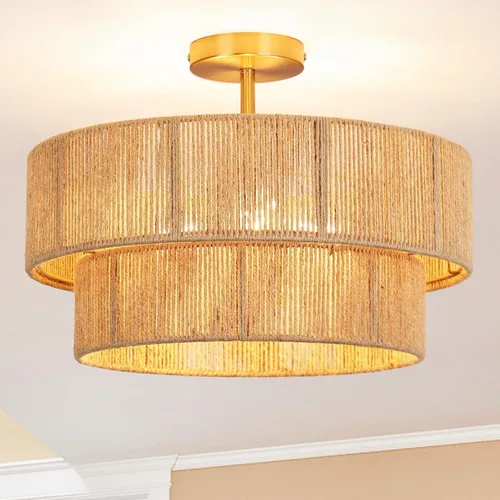 Vista 13 de Lámpara de Techo Bohemia de 15.7'', Montaje en Techo, Lámpara de Techo Semi-Empotrada de Cuerda de Cáñamo Costero, Lámpara de Ratán de 3 Luces