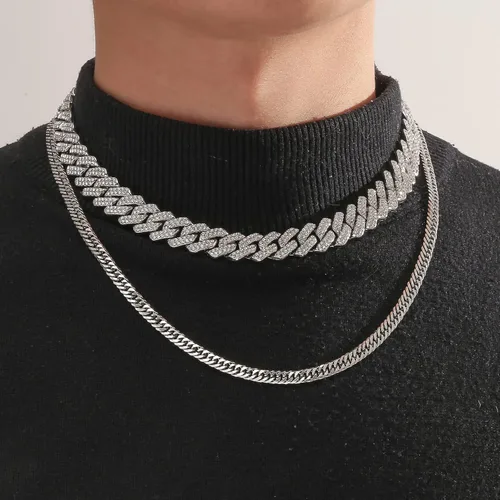 Vista 5 de JUNVirtuous 2 cadenas de eslabones cubanos para hombres, collar cubano de Miami helado y cadena de acero inoxidable, joyería de hip hop de plata