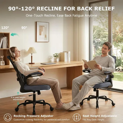 Vista 7 de Silla de oficina ergonómica, cómoda silla de escritorio con soporte lumbar ajustable, silla de computadora de malla con ruedas, reposabrazos