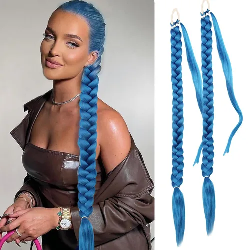 Vista 10 de 2 paquetes de extensión de cola de caballo trenzada larga de 16 pulgadas color marrón para mujeres negras con banda elástica, trenzado recto