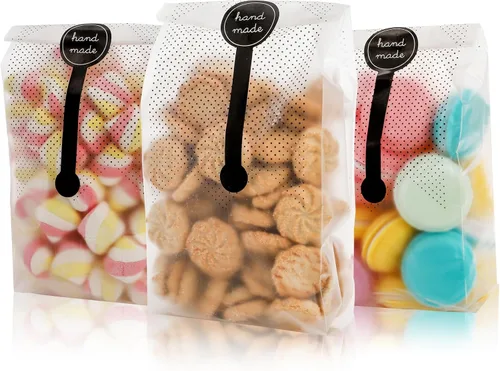 Vista 7 de Jucoan 200 bolsas de plástico translúcido para galletas con 200 calcomanías hechas a mano, bolsas de galletas de 3.5 x 9 pulgadas para magdalenas