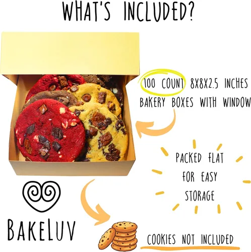 Vista 2 de BAKELUV Paquete de 100 cajas de panadería marrones de 8 x 8 x 2.5 pulgadas con ventana, cajas de galletas, pasteles, postres, golosinas, alimentos