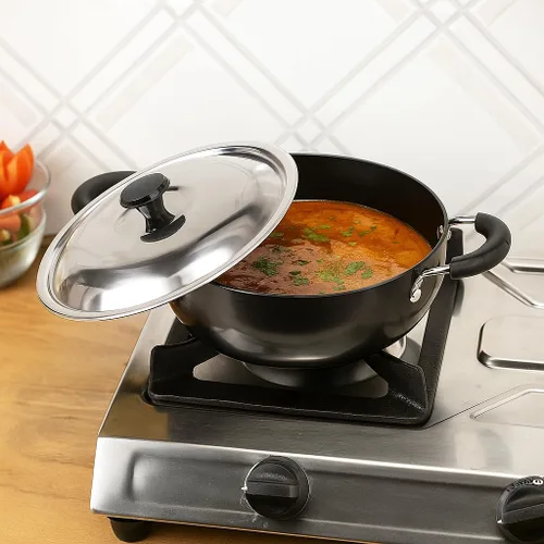 Vista 6 de G & D Kadai - Sartén profunda Kadhai anodizada dura con tapa de acero inoxidable, sartén multiusos de aluminio con fondo redondo de aluminio, sartén