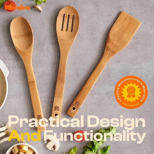 Vista 5 de Riveira Cucharas de madera de bambú oscuro para cocinar, 3 piezas, espátula de madera esencial de apartamento, cuchara antiadherente, juego