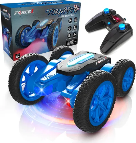 Force1 Tornado Blue - Auto de control remoto con LED para niños - Conducción de doble cara, autos RC rápidos con giros de 360°, auto RC todoterreno