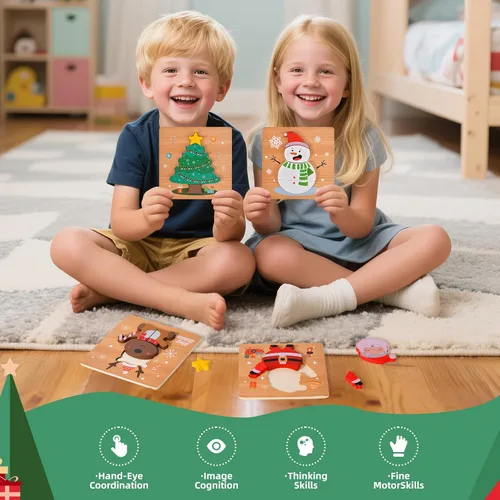 Vista 2 de Paquete de 4 rompecabezas de madera de Navidad para niños pequeños, rompecabezas de calcetines de Navidad, juguetes de regalos de fiesta de Navidad