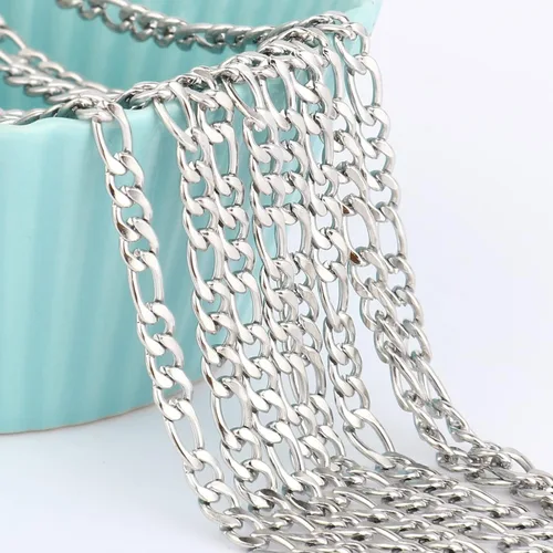 Vista 8 de [33 pies] Cadena Figaro de acero inoxidable, 0.138 in de ancho 304 cadenas de eslabones de acero inoxidable rollo a granel para fabricación de joyas