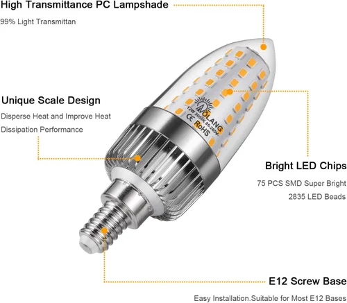 Vista 3 de Bombilla LED E12 para candelabro, bombillas LED de vela de 12 W, equivalentes a bombillas de 100 W, bombillas de araña blancas cálidas de 3000 K