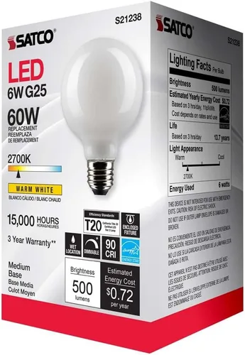 Vista 7 de Satco 6Pk 6w G25 Globo Filamento LED 2700K E26 Base Blanco Regulable - 60W Equiv