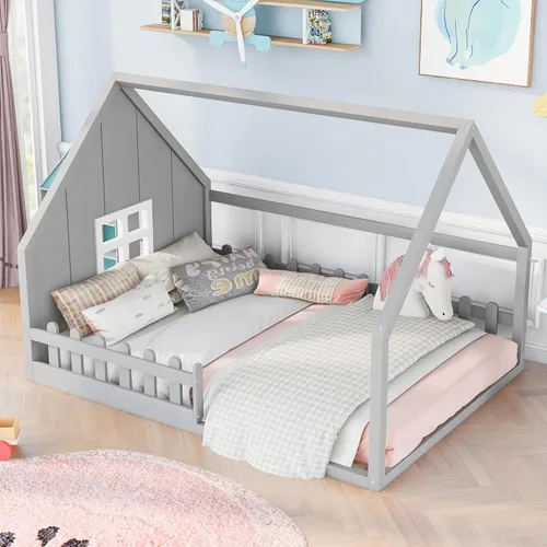 Vista 21 de Cama de madera de tamaño individual con dos cajones y techo, cama de plataforma con 2 cabeceros, para dormitorio de niños, adolescentes, niñas